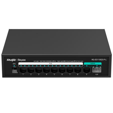 RG-ES110GS-P-L - Reyee Switch PoE da Tavolo - 8 Porte RJ45 + 1 Uplink RJ45 + 1 Uplink SFP - 8 Porte Gigabit + 2 Porte Gigabit - 