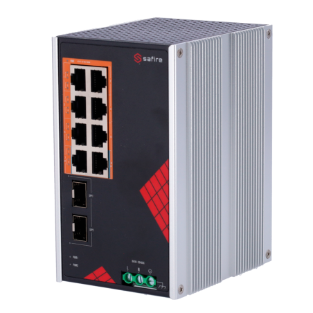 SF-SWI1008HIPOE-GF-AC-130-DIN - Safire Switch Industriale Alimentazione AC e DC - 8 porte Gigabit + 2 SFP Gigabit - 6 Porte PoE+