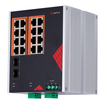 SF-SWI1816HIPOE-GF-AC-260-DIN - Safire Switch Industriale Alimentazione AC e DC - 16 porte Gigabit + 2 SFP Gigabit - 12 Porte Po