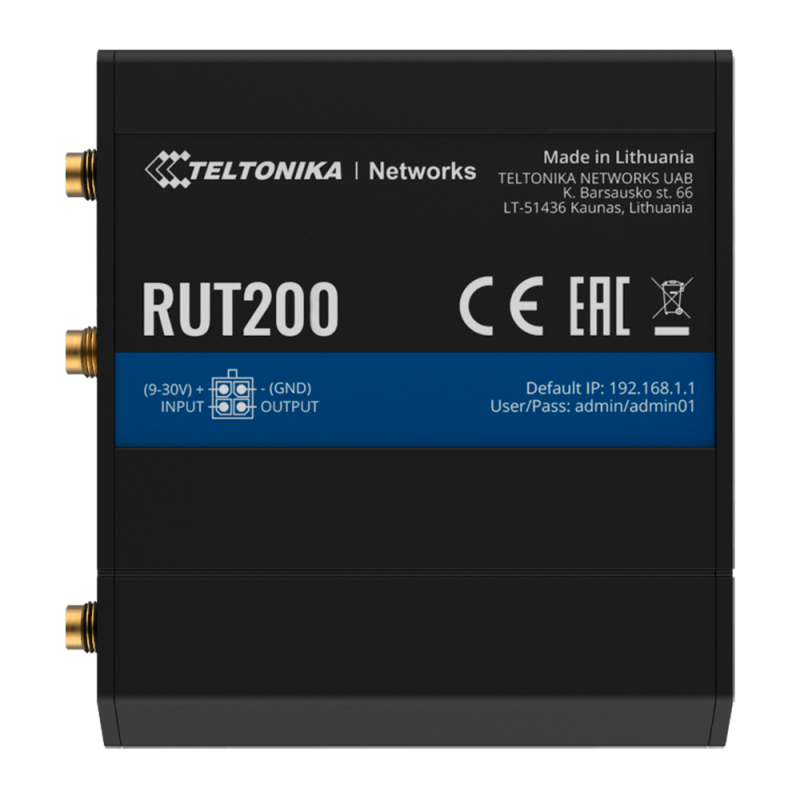 TK-RUT200 - Teltonika Router 4G Industriale - 2 porte Ethernet RJ45 Fast Ethernet - 4G (LTE) Cat 4 fino a 150Mbps - 1x Ingresso/ TK-RUT200 - Teltonika Router 4G Industriale - 2 porte Ethernet RJ45 Fast Ethernet - 4G (LTE) Cat 4 fino a 150Mbps - 1x Ingresso/