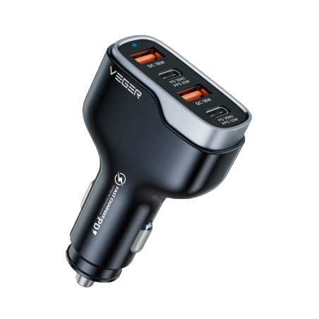 VG-CC53-2A2C - VEGER - Accendisigari per auto - Potenza 66W - Ricarica veloce 30W - Uscite 2x USB-C, 2x USB-A - Colore Nero