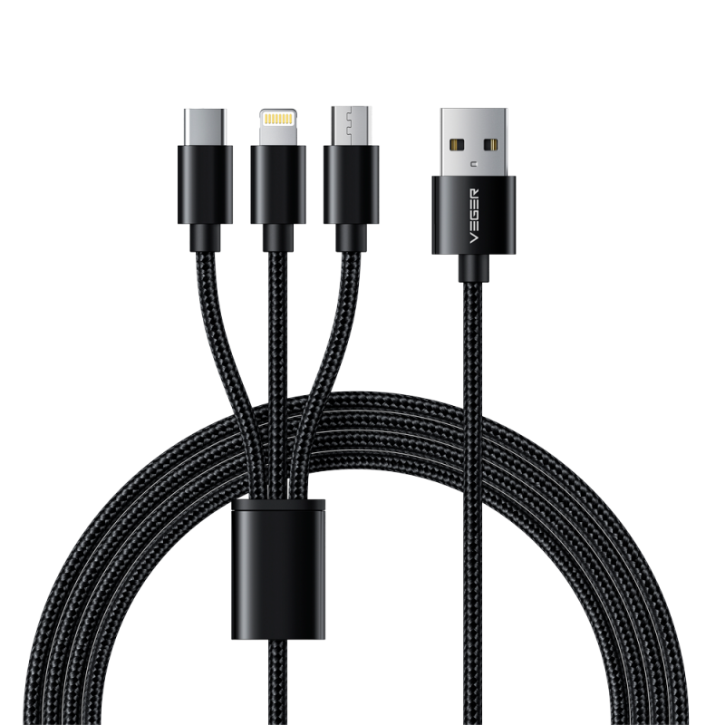 VG-V303 - Veger - Cavo USB 3 in 1 - USB-A a USB-C, Lightning e Micro-USB - Guaina in metallo, Nylon intrecciato - Lunghezza 1.5m VG-V303 - Veger - Cavo USB 3 in 1 - USB-A a USB-C, Lightning e Micro-USB - Guaina in metallo, Nylon intrecciato - Lunghezza 1.5m
