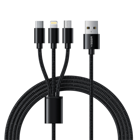VG-V303 - Veger - Cavo USB 3 in 1 - USB-A a USB-C, Lightning e Micro-USB - Guaina in metallo, Nylon intrecciato - Lunghezza 1.5m