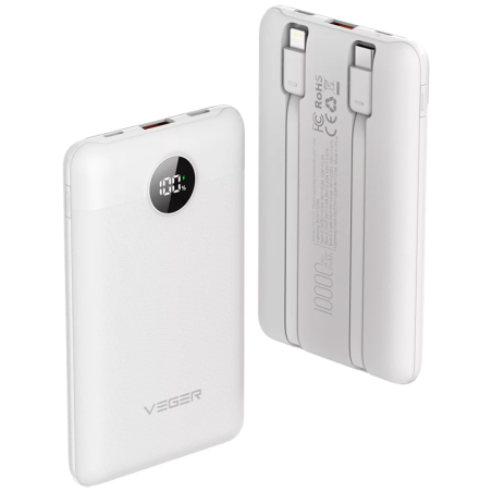 VG-W1170-W - VEGER Power bank con display LCD - Capacità 10000mAh - Ingressi Lightning, USB-C, Cavo USB-C - Uscite USB-A, USB-C