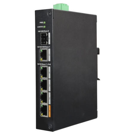 XS-SW0604HIPOE-F-60-DIN - Switch PoE X-Security - 4 porte PoE +1 SFP +1 Uplink Gigabit - Velocità 10/100/1000 Mbps - 60W porta 1