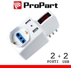 Adattatore 2pos bipasso/schuko +USB spina10A salvasp. + int.