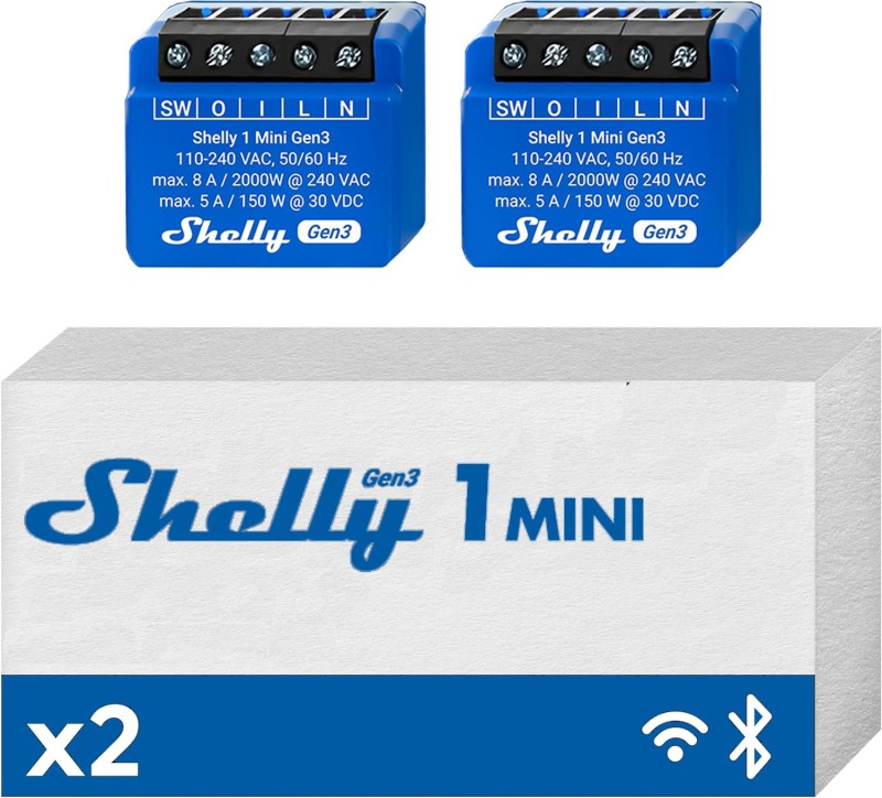 Shelly Mini 1 GEN3 2PACK- Smart Relay contatto pulito 8A AC/DC WiFi/BT/Matter Shelly Mini 1 GEN3 2PACK- Smart Relay contatto pulito 8A AC/DC WiFi/BT/Matter