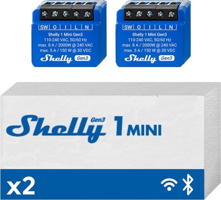 Shelly Mini 1 GEN3 DOUBLE PACK- Smart Relay 8A AC/DC WiFi/BT