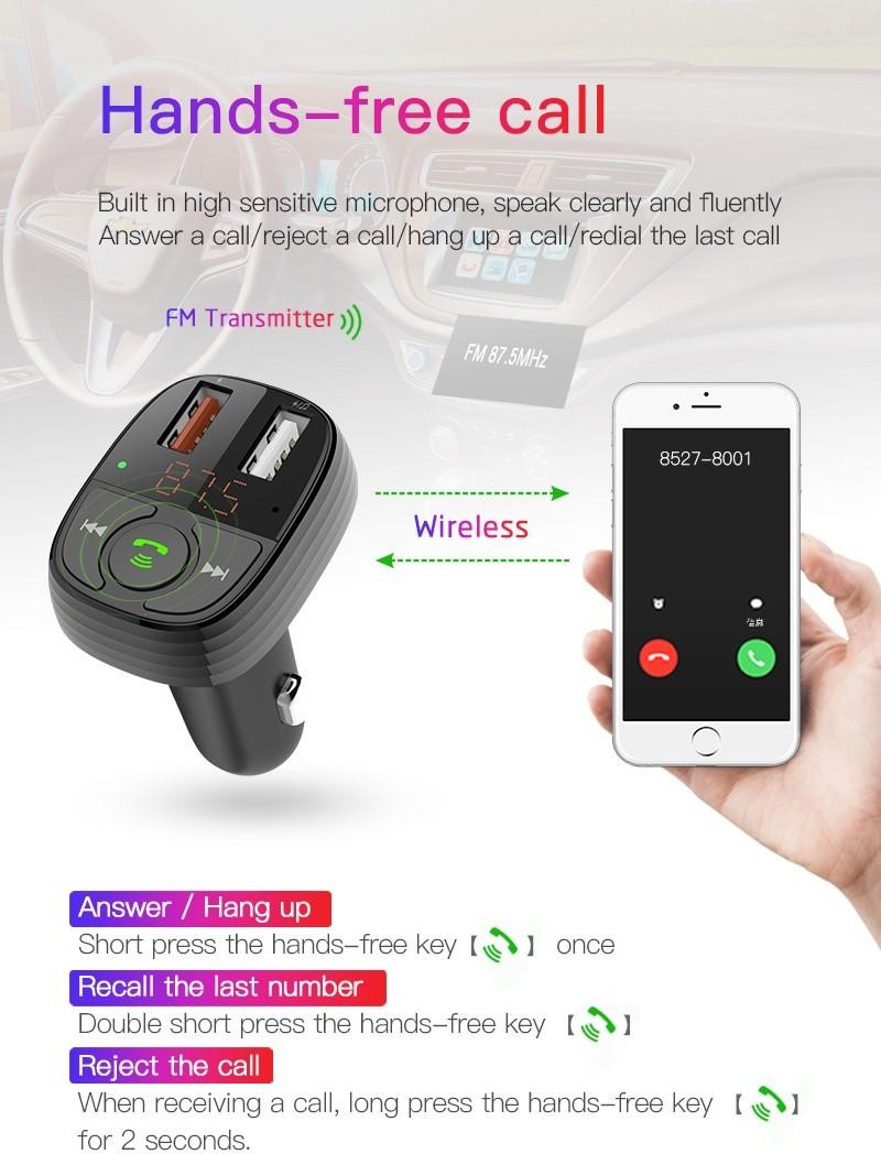 Vivavoce per auto FM Bluetooth 5.0 con lettore MSD e Pendrive