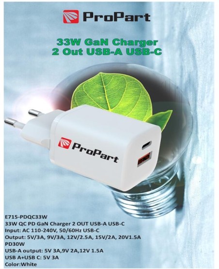 Carica Batterie QC GaN 33W PD 2 Output USB-A + USB-C