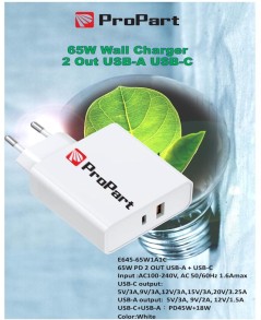 Carica Batterie 65W 2 Output USB-A + USB-C