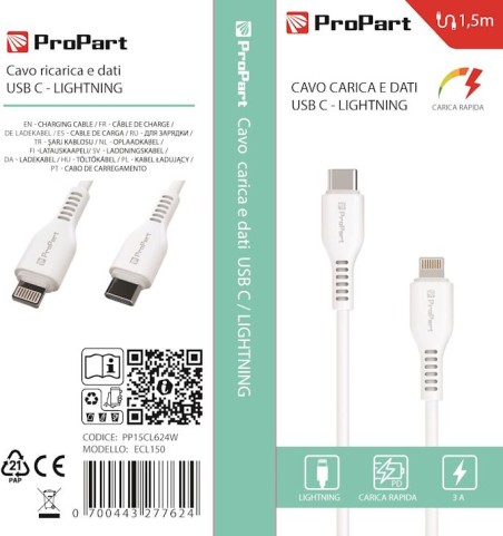 Cavo Lightning - Tipo-C 3A 1.5mt Carica Rapida e dati Bianco