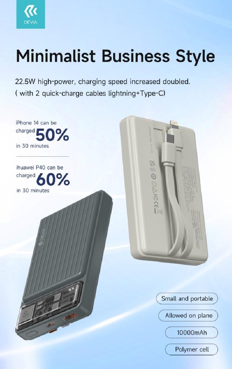 Power Bank 10.000 mAh con due cavi 22,5W Carica rapida Avorio Power Bank 10.000 mAh con due cavi 22,5W Carica rapida Avorio