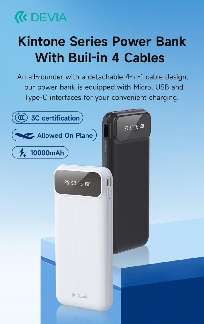 Power Bank serie Kintone con 4 cavi integrati 10000 mAh Bian Power Bank serie Kintone con 4 cavi integrati 10000 mAh Bian